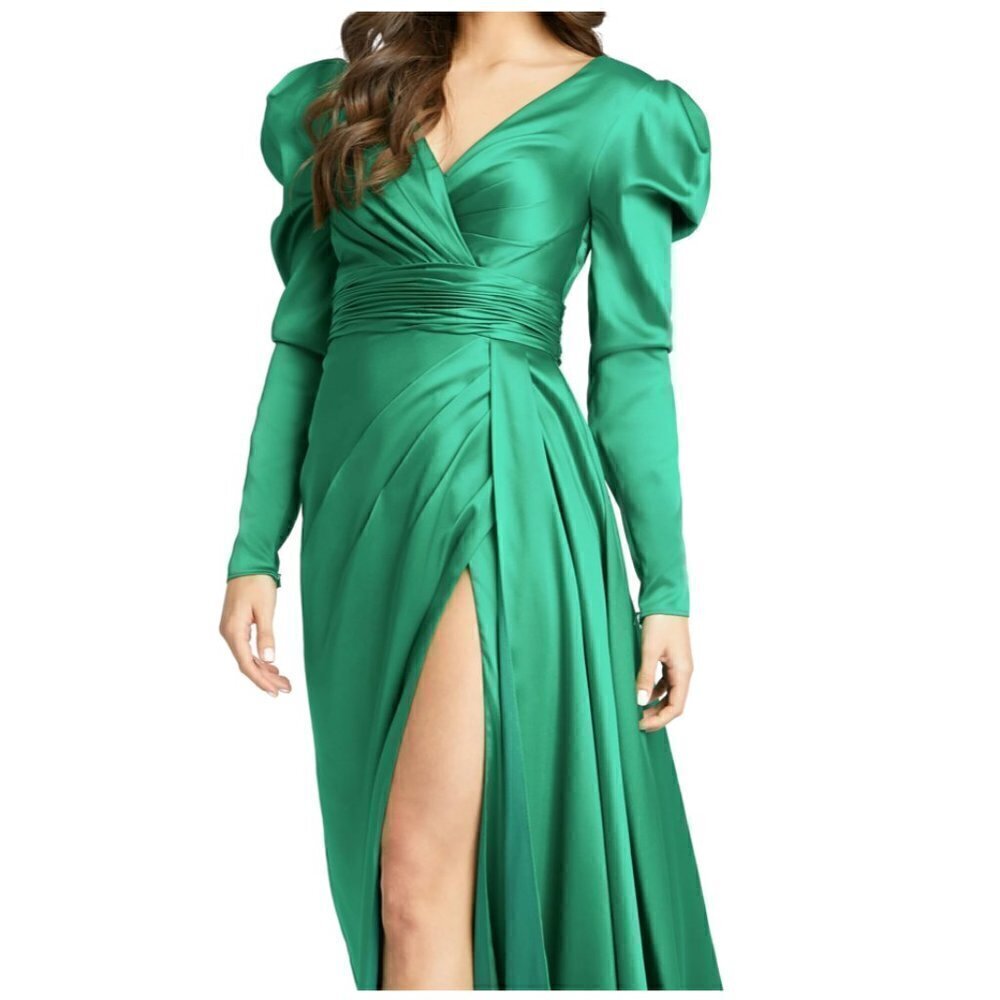 MAC DUGGAL Puff Sleeve Satin Faux Wrap Gown in Emerald Green Size US 14 NWT - Picture 2 of 12